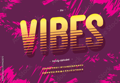 Vector vibes font modern typography for summer party poster, t shirt, flier, decoration, card, sale banner, printing on fabric, industrial. Cool typeface. Trendy alphabet. 10 eps