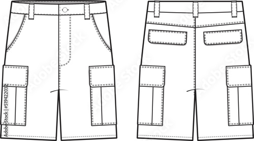 Cargo Shorts Flat Technical Drawing Illustration Five Pocket Classic Blank Streetwear Mock-up Template for Design and Tech Packs CAD Outdoor