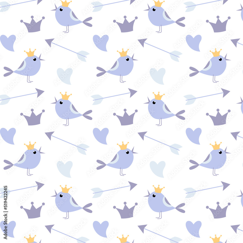 pattern with blue birds, arrows and hearts