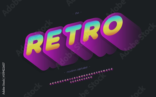 Vector retro font 3d bold style modern typography for party poster, decoration, logotype, t shirt, book, card, banner, printing on fabric, industrial. Cool vintage typeface. Trendy alphabet. 10 eps