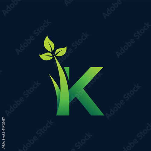 grass and leaf letter k logo, k letter leaf with grass