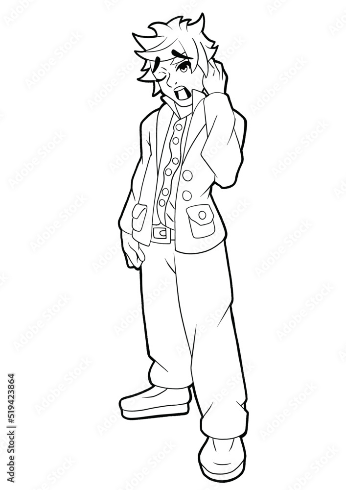  Guy oficinista cansado bostezos, se dibuja en un estilo de dibujos animados de anime se encuentra en una chaqueta en pantalones, en camisas y zapatos negros dibujo de contorno libro para colorear Vector De stock