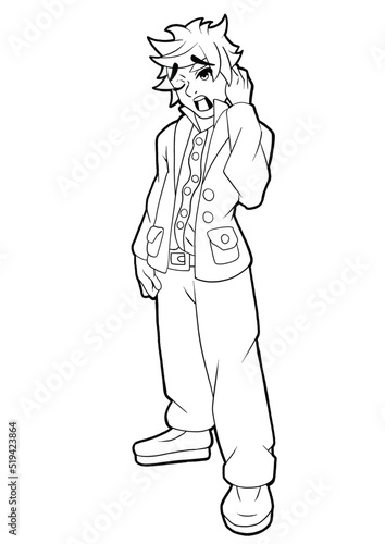 Guy office worker tired yawns, he is drawn in a cartoon style of anime stands in a jacket in trousers, in shirts and black shoes outline drawing coloring book