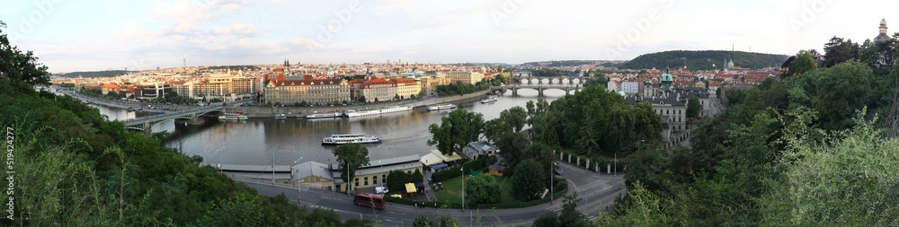 Prague city 2011 panoramic view taken from the Letna Park (north of the city) to the south, Vltava River and bridges on it and cityscape are visible afternoon summer