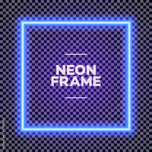 Neon square frame on transparent background for poster party, cafe, shop, banner, promotion, restaurant. Bright signboard cyan color. Vector Illustration 10 eps