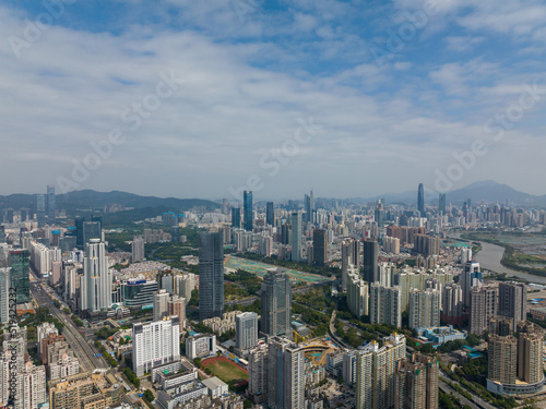 Drone fly over Shenzhen city, Futian District