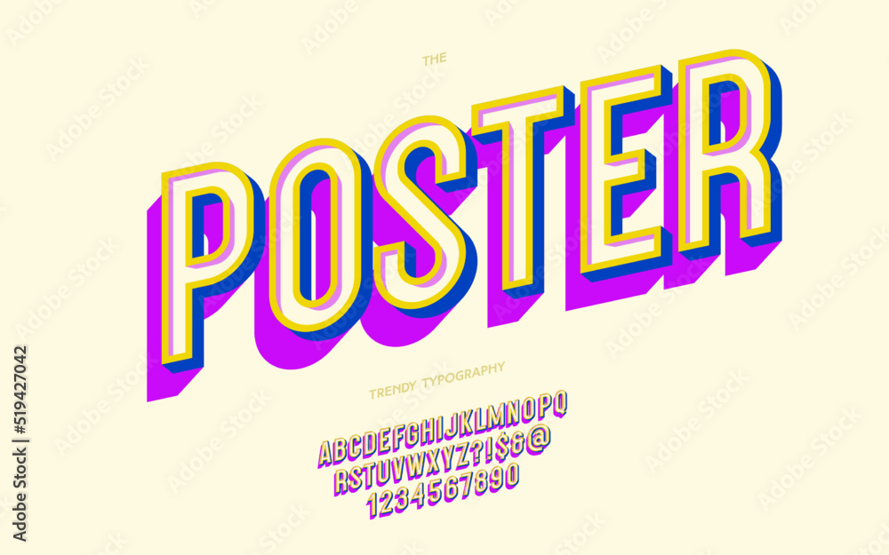 Fototapeta premium Vector poster font 3d bold style for t shirt, flyer, printing, decoration, banner, infographics, motion graphic, party poster, book, music, game, industrial. Cool typeface. Trendy alphabet. 10 eps