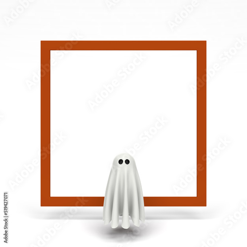 Фотография Cute white ghost on white background with card note, isolated