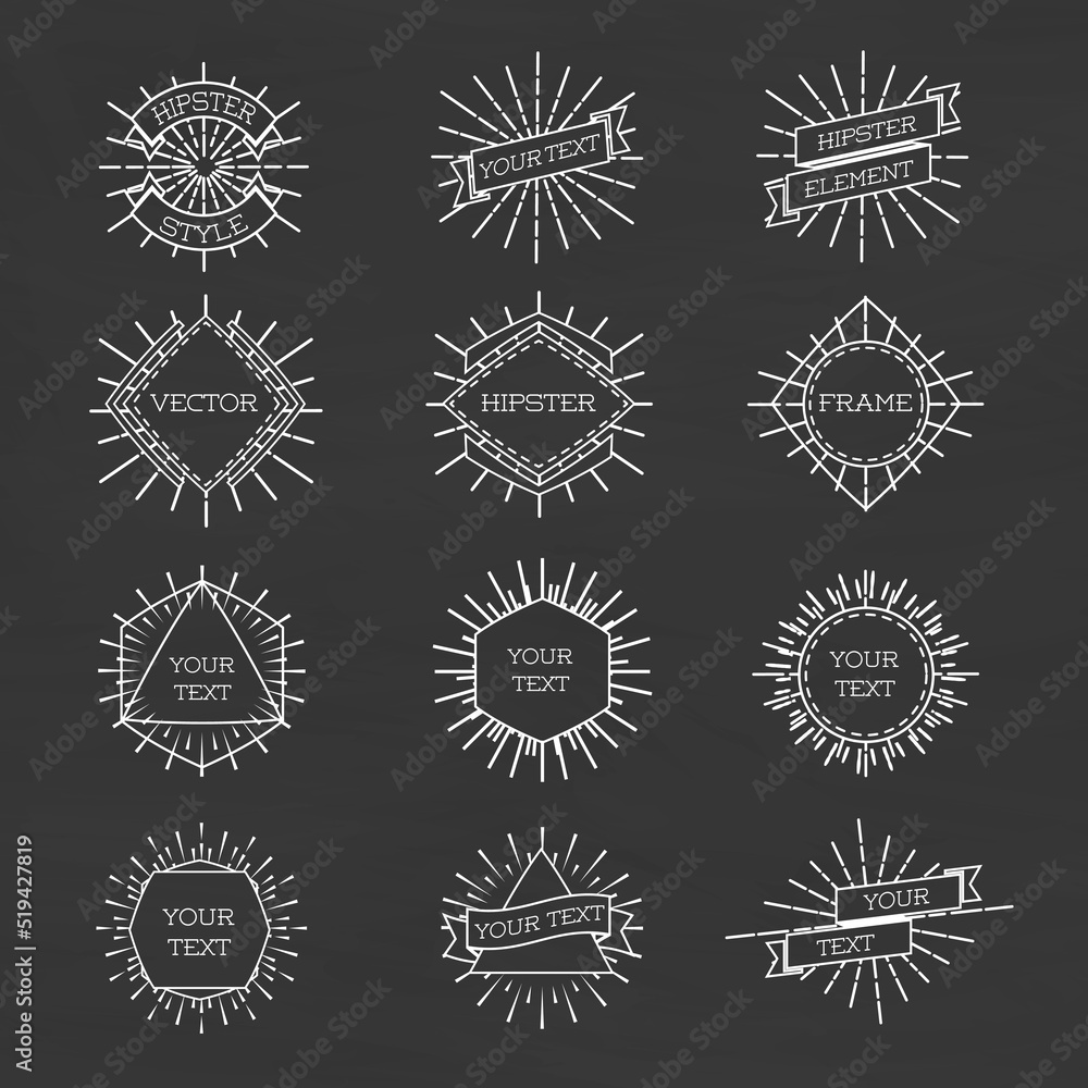 Fototapeta premium Set of isolated hipster style white frame with sunburst and ribbons. Line labels frames. Vector Illustration