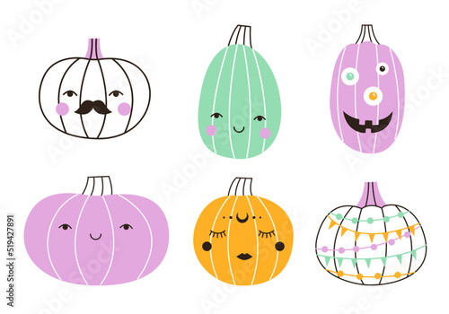Vector set of cute halloween pumpkins. Hand drawn magic characters. Thanksgiving elements for card, poster design. Autumn harvest collection