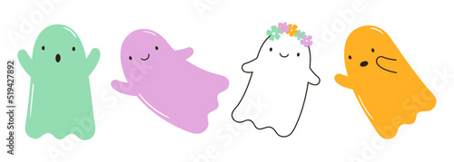 Vector illustrations of cute halloween ghosts with face expressions. Hand drawn magic characters for kids. Simple friendly creatures for card, poster, invitation design