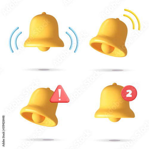 3d vector collection of yellow ring notification bell symbol design. 3d realistic render of bell reminder with new message, alert notice icon Social media notice event reminder