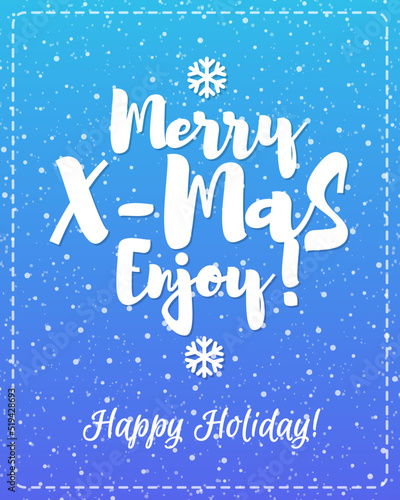 Christmas greeting card with white emblem consisting sign Merry X mas enjoy and snowflakes isolated on snow holiday background blue pink gradient style. Vector Illustration