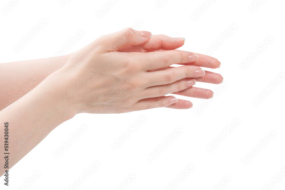 Woman hands with french manicure isolated on white bacckground.