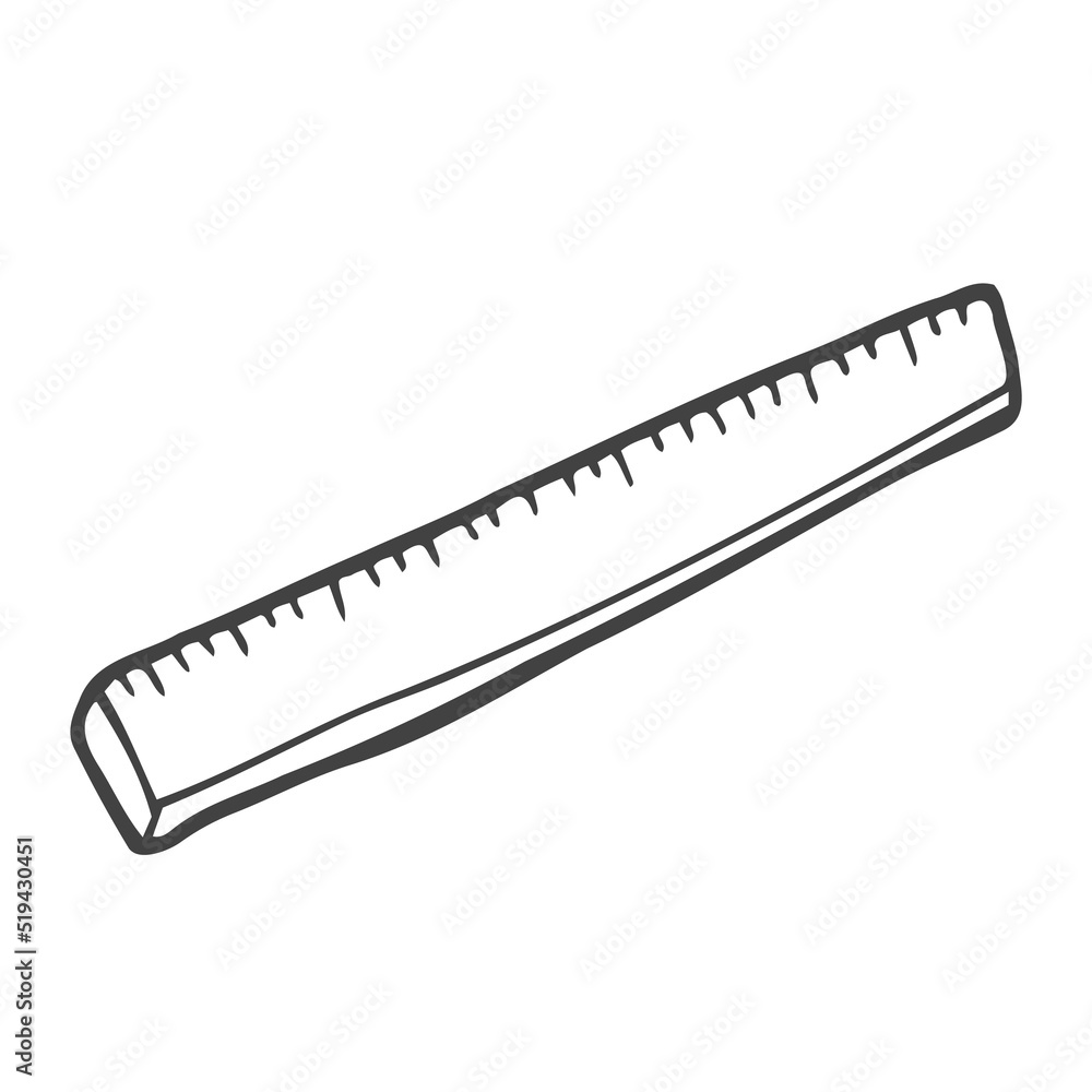 Vector illustration. Ruler icon isolated on white background. Office aksessuary. Theme of back to school. Hand drawn simple office supplies doodle clipart. For banner, poster, print, pattern, logo.