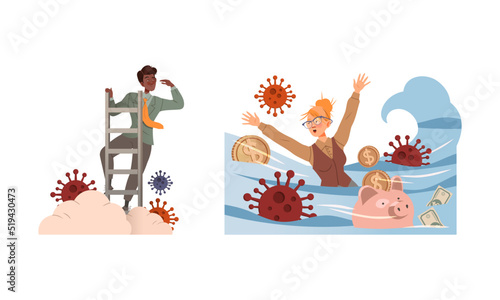 Man Climbing Ladder Searching for Horizon and Woman Drowning in Coronavirus Flood Having Financial Crisis Vector Set