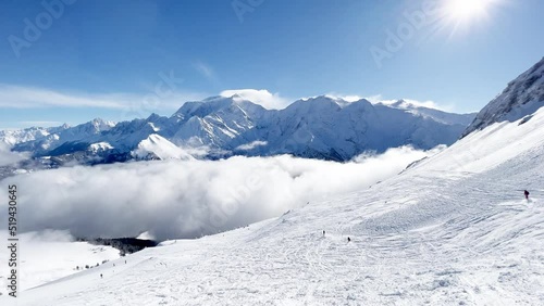 Valley in Alps mountains Mont Blanc massif with clouds bellow