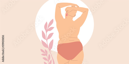 Breast cancer awareness month. Yong topless woman with pink ribbon. Flat vector illustration concept.