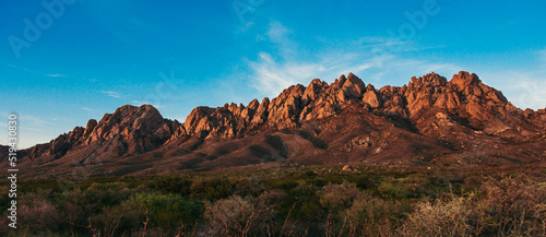 Organ Mountains at sunset in Las Cruces, panorama, desert landscape with mountains