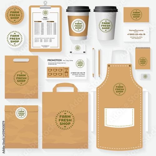 Farm fresh shop corporate identity template set with logo for use vegan shop, healthy food store, vegetarian cafe, natural product etc. Set of card, flyer, menu, package, uniform. Vector Illustration