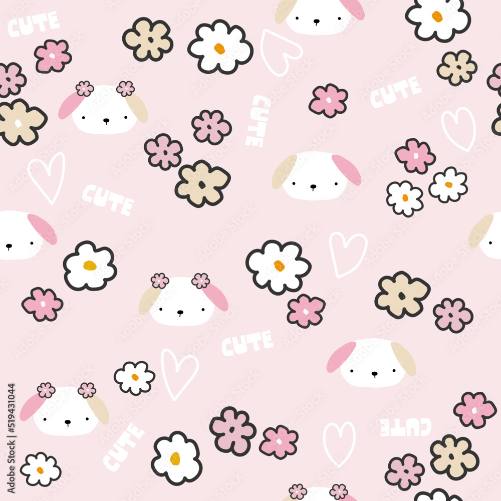 Pink pastel seamless pattern with dogs and flowers. Childish cute print. Vector hand drawn illustration.