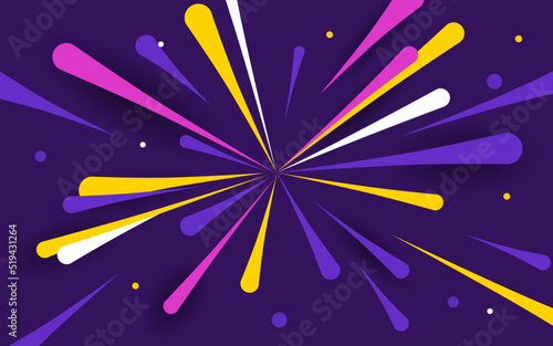 Firework celebration illustration. Rich violet background with bright salute, confetti and stars. Template for website, mailing or print.