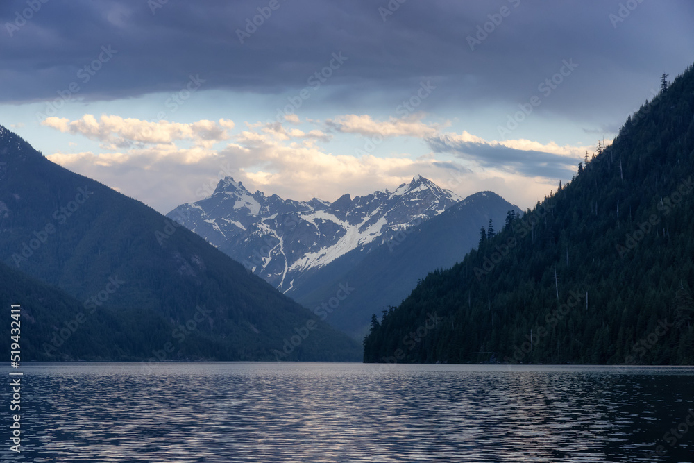 Lake, trees and mountains in Canadian Landscape. Chilliwack Lake, British Columbia, Canada. Nature Background. Panorama