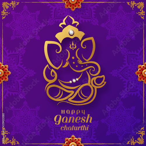 Happy ganesh chaturthi greetings with golden shiny lord ganesha most famous festivals in india with patterned and crystals on paper color background.