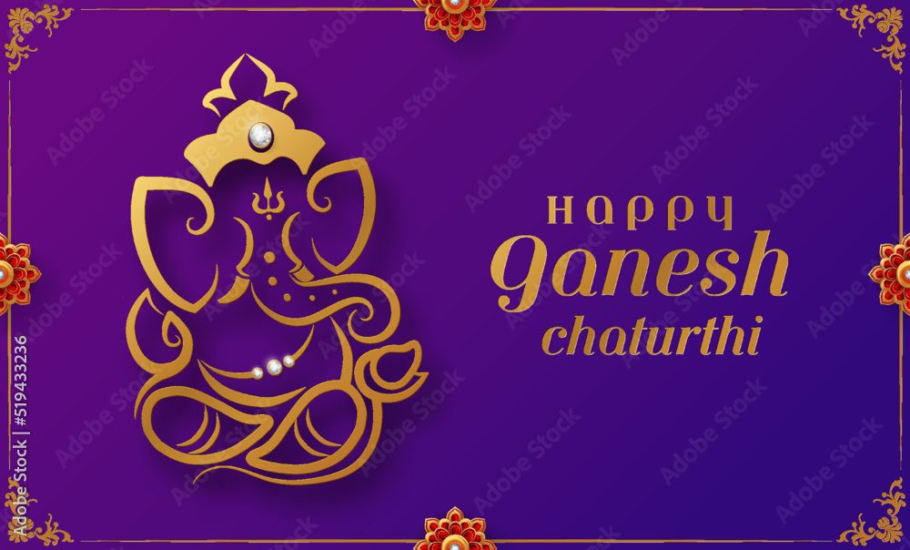 Happy ganesh chaturthi greetings with golden shiny lord ganesha most famous festivals in india with patterned and crystals on paper color background.