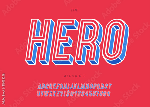 Vector hero slanted alphabet colorful style for decoration, logo, party poster, t shirt, book, greeting card, sale banner, printing on fabric, stamp. Cool typography typeface. Modern 3d font. 10 eps