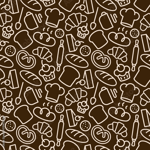 Bakery seamless pattern with food and baking accessories white color line style on brown background for bread house, coffee shop, loaf store, food market, cafe, cupcake firm. Vector Illustration