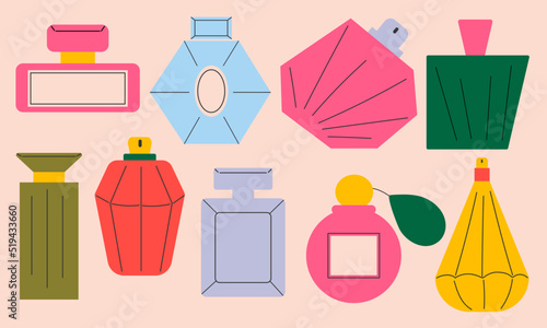Glass bottles of perfume, toilet water vector flat Illustration. Fragrance bottles.