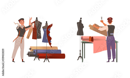 Man Fashion Designer or Tailor with Measuring Tape and Scissors Sewing and Cutting Fabric Vector Set