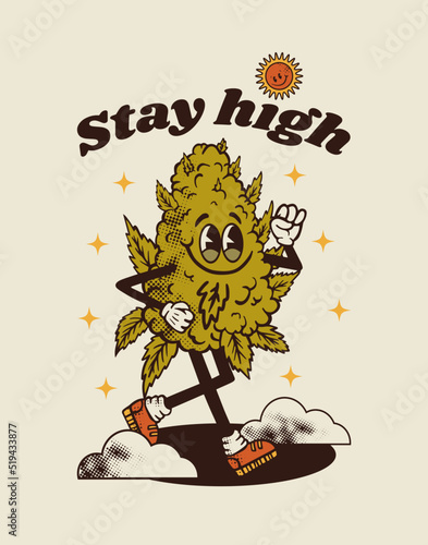 marijuana bump character smiles and walks through the clouds, retro vector