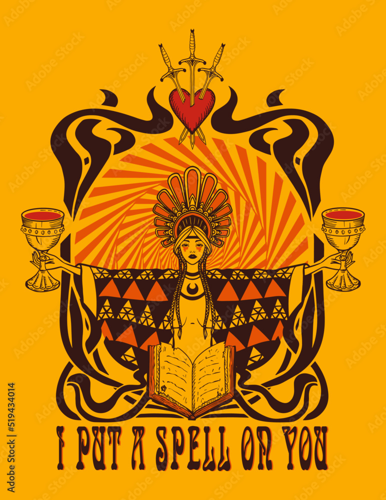 Witch, magic potion, magic girl, retro print in the style of the 70s ...