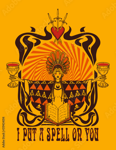 Witch, magic potion, magic girl, retro print in the style of the 70s