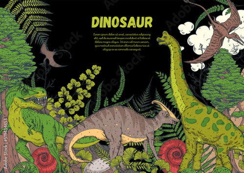 Dinosaurs hand drawn. Vector illustration. Jurassic period. Herbivorous and carnivorous dinosaur. Tropical illustration.