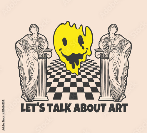 Prihodelic print on a t-shirt with Greek statues and melted smiley. Let's talk about art.