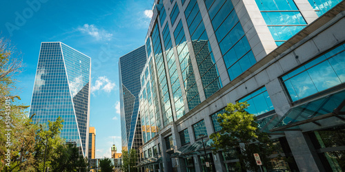 Regina skyline, buildings, glass reflections, and street cityscape in Saskatchewan, Canada