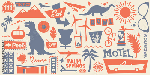 Palm Springs Landmarks | Retro Styled Icons Showcasing the Coachella Valley | Mid Century California Design | Desert Vacation Pattern photo