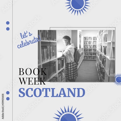 Composition of book week scotland text with african american student reading book