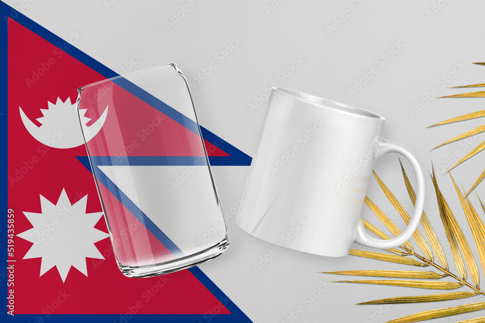 Obraz premium Patriotic can glass and mug mock up on background in colors of national flag. Nepal