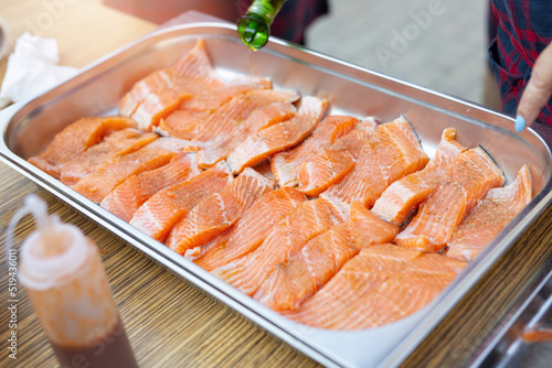 large dish with fresh fish for grilling