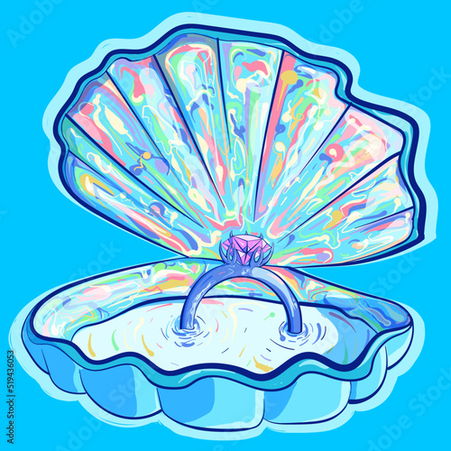Opened seashell with nacre shine effect on the inside. Vector art of an engagement ring with a precious gem inside a blue clam. Pastel illustration for a wedding or honeymoon 