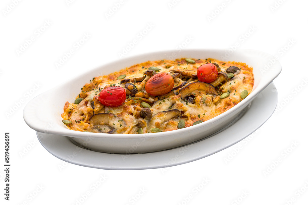 Tomato Mushrooms Baked Pasta served in a dish isolated on plain white background side view