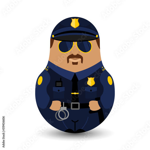 An American police officer dressed in a uniform and wearing sunglasses on guard duty. Modern kawaii dolls for your business project. Flat vector illustration.