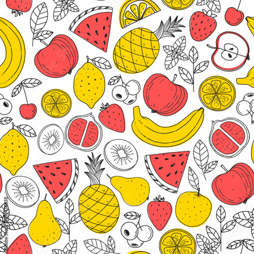 Fruits seamless pattern. Hand drawn vector illustration. Minimalist design. Scandinavian style illustration. Healthy organic food.