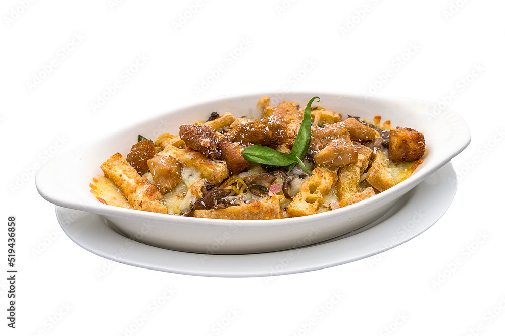 Laksa Lion Mane Baked Pasta served in a dish isolated on plain white background side view