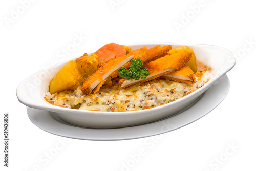 Nanyang Curry King Oyster Cutlet Baked Rice served in a dish isolated on plain white background side view