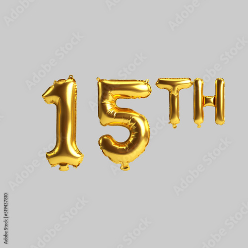 3d illustration of 15th golden balloons isolated on white background